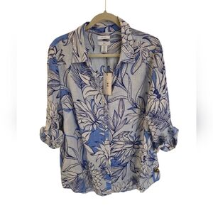 NWT H by Halston Women's 100% Linen Pull Tab Long Sleeve Top Blue Floral Size 1X